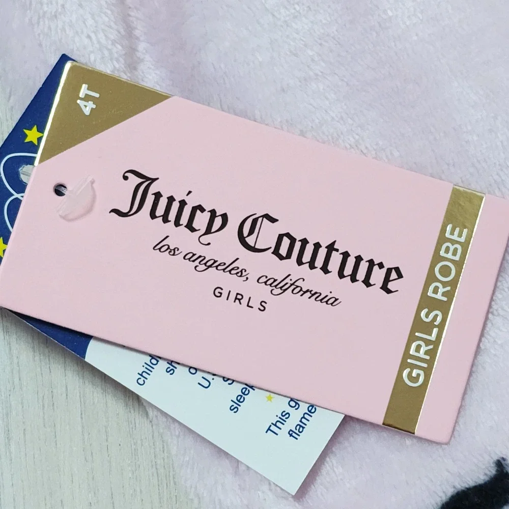 Juicy Couture Girls Pink Black Logo Crown Plush Hooded Robe 4T NWT